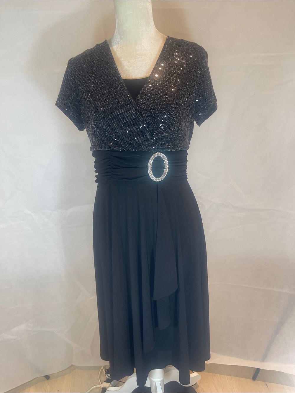 R & M Richard’s  Black Embellished V-Neck Midi Dress with Rhinestone Buckle .